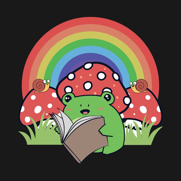 Cottagecore Aesthetic Kawaii Frog Reading Book by Alex21