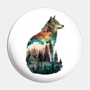 Wolf Watercolor Forest Cute Autumn Leaves Landscape Animal Print Pin