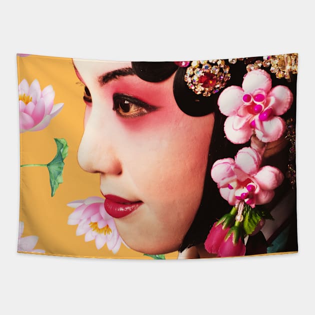 Chinese Opera Star with Lotus Flowers Custard Yellow- Hong Kong Retro Tapestry by CRAFTY BITCH