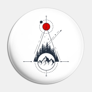 Mountain Forest, Red Moon, Abstract, Black Design Pin