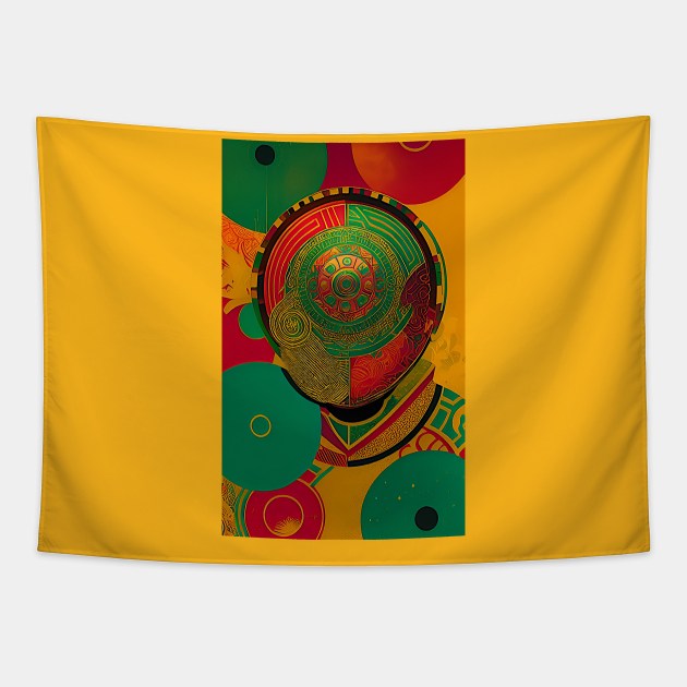 Abstract Mask Red Gold Green Tapestry by ArtBeatsGallery
