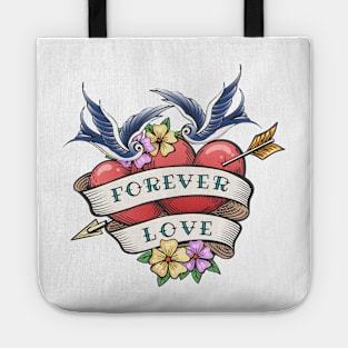 Two Hearts Pierced By Arrow with hand made Lettering Together Forever. Tattoo Hearts With Flower Tote