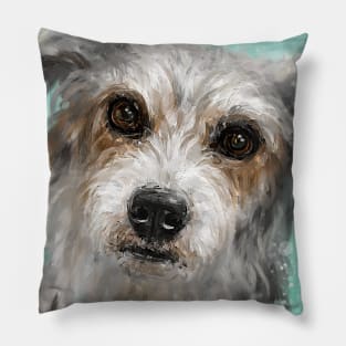 Painting of a Cute Hairy Dog, Looking Directly at You, Turquoise Background Pillow