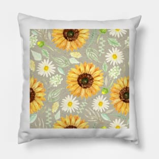 Sunflowers and Daisies | Watercolor | Art | Pattern | Grey Texture Pillow