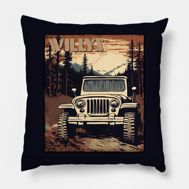 Jeep Willys Rustic Fall Mountain Scene Pillow by SunGraphicsLab