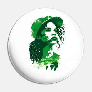 Make a Statement with Our Abstract White and Green Climate Activist Girl Face Portrait Design Pin