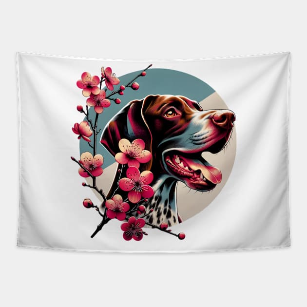 Joyful German Shorthaired Pointer with Spring Cherry Blossoms Tapestry by ArtRUs