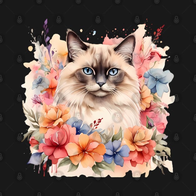 A birman cat decorated with beautiful watercolor flowers by CreativeSparkzz