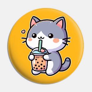 funny cat drink orange boba Pin