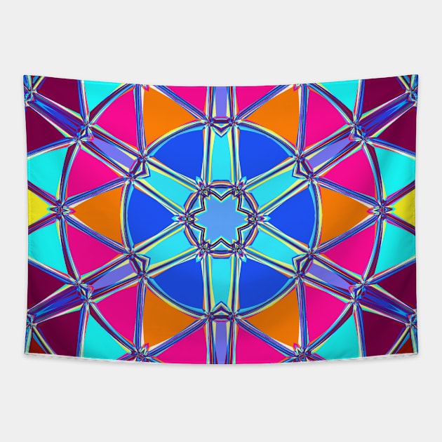 Cartoon Mandala Blue Pink Yellow and Orange Tapestry by WormholeOrbital