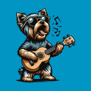 Dog Playing Guitar Singing Yorkshire Terrier Funny Yorkie T-Shirt