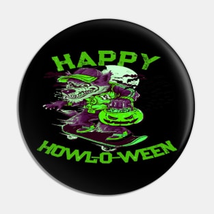 Happy Howl-o-ween Wolf Riding on Skateboard Pin