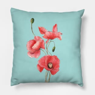 Red Poppy Flowers Watercolor Painting Pillow