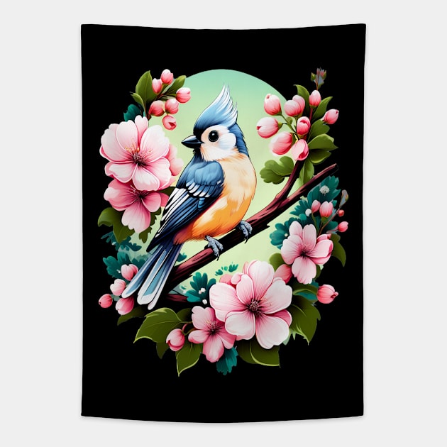 Cute Tufted Titmouse Surrounded by Vibrant Spring Flowers Tapestry by BirdsnStuff