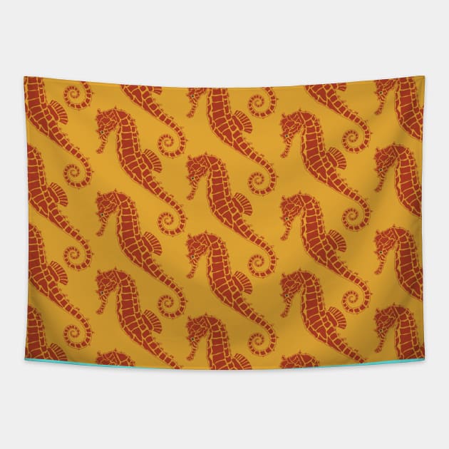 Warm Yellow and Brown Seahorse Pattern Tapestry by Rhubarb Myrtle