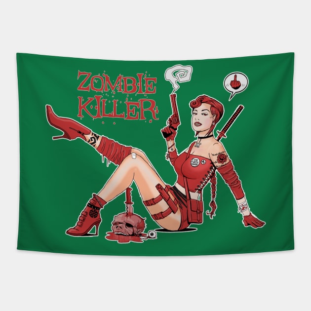 ZOMBIE KILLER PIN UP GIRL- Super Hot Comic Character Tapestry by IceTees