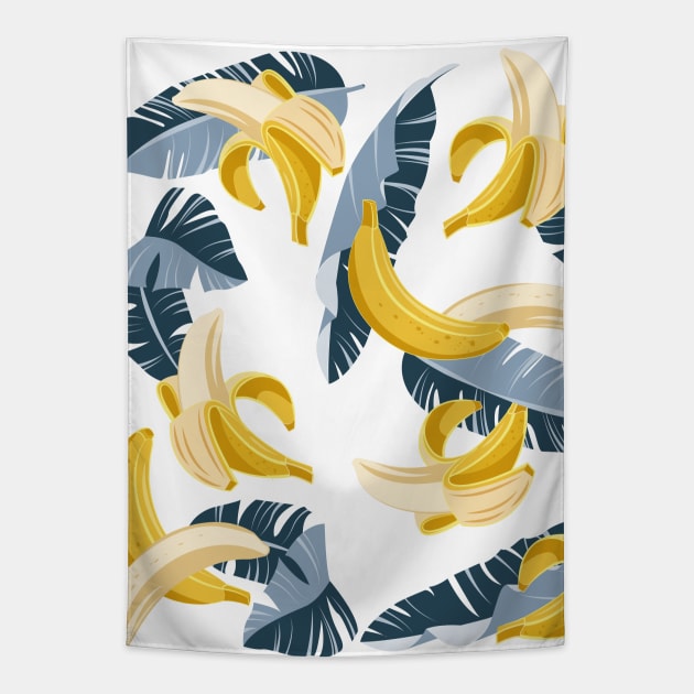 In the shade of banana tree // print // white background dark pastel and navy blue leaves Tapestry by SelmaCardoso