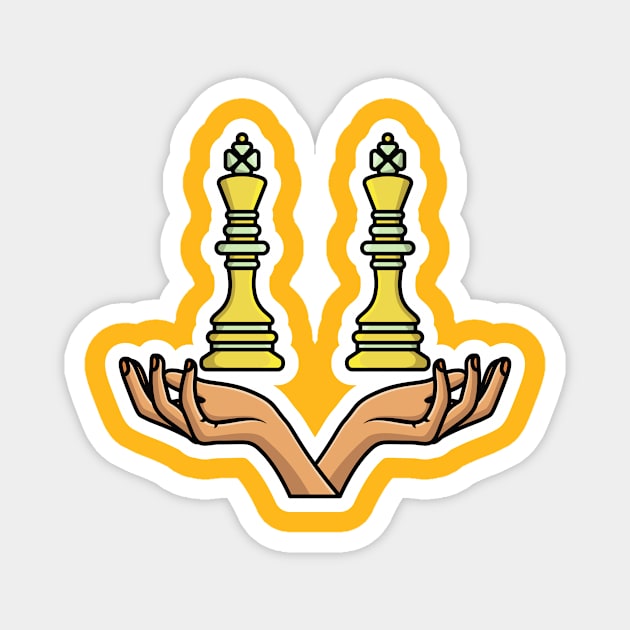 Chess Pieces King on hands sticker design vector illustration. Sport board game object icon concept. King chess and hands sticker design logo icons with shadow. Magnet by AlviStudio