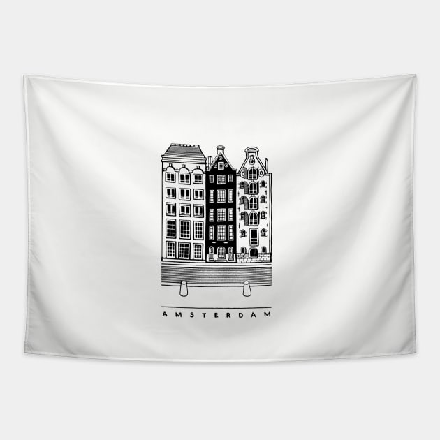 Three old houses. Amsterdam, Netherlands. Realistic black and white illustration. Tapestry by ArchiTania