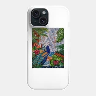 Two peacock sitting on a log branch in a forest with a waterfall in the background. Phone Case