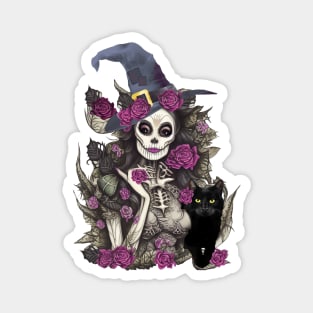 Witch and cat for cute Halloween, purple roses,scary, spooky Magnet