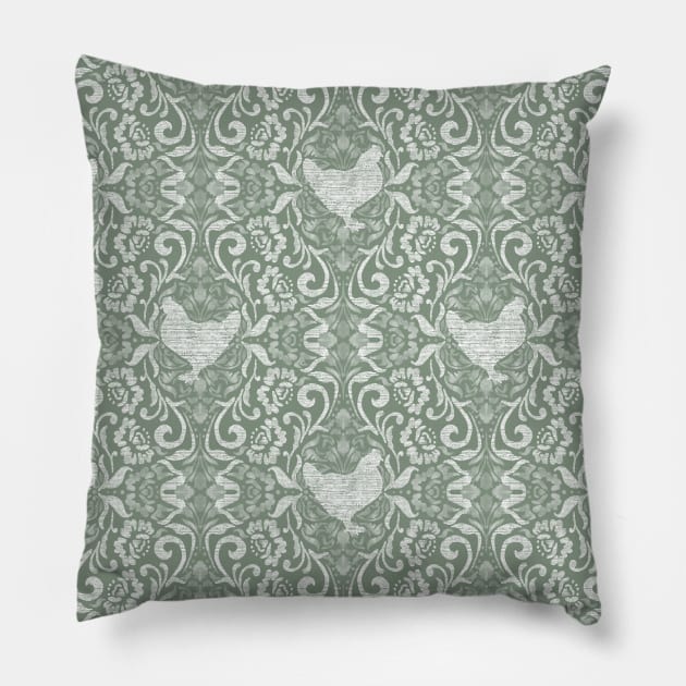 Sage Green Hen Damask Pillow by Carolina Díaz