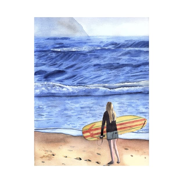 Female Surfer standing at the beach by Sandraartist