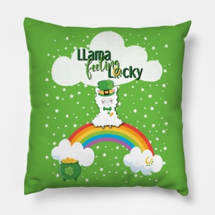 St. Patrick's Day Llama Feeling Lucky , Rainbow, Clouds & Stars on Green Pillow