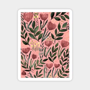 Watercolor flower garden - dusty pink and olive on pink background Magnet