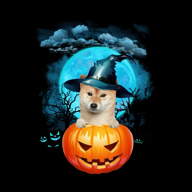 Shiba Inu Witch Hat Pumpkin And Blue Moon Halloween by Tagliarini Kristi