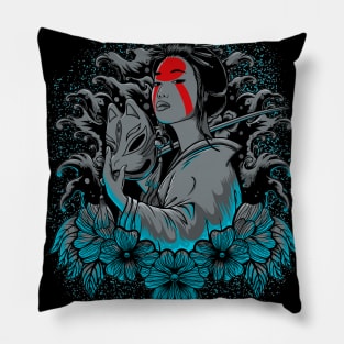 Geisha girl and Kitsune mask Pillow