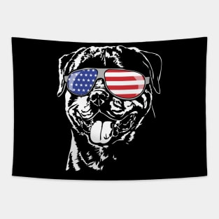 Patriotic Rottweiler dog with American Flag sunglasses Tapestry