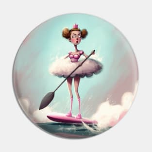 Quirky ballerina wearing her tutu on a stand up paddle board. Pin