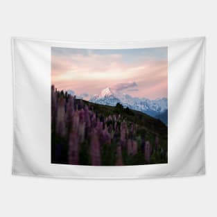 Mountain Mt. Cook with Purple Lupin Flowers During Sunset Tapestry