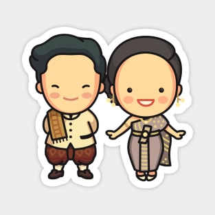 Cute Thai Couple in Traditional Clothing Cartoon Magnet