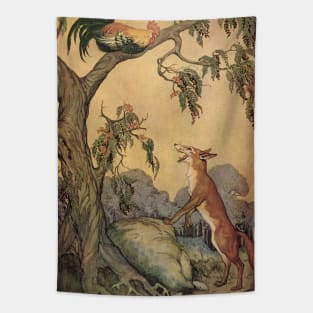 Vintage Aesop's Fables, the Fox, the Rooster and the Dog Tapestry