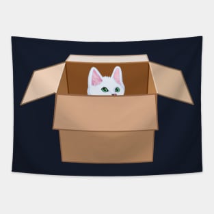 White Kitten Peeking from Cardboard Box Tapestry