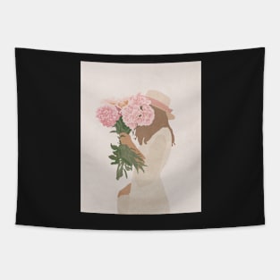 Girl with flowers, Peonies, Hat, Boho style art, Mid century art Tapestry