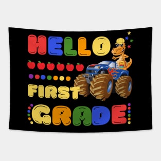 Hello First Grade, Funny Dinosaur Monster Truck Back To School Tapestry