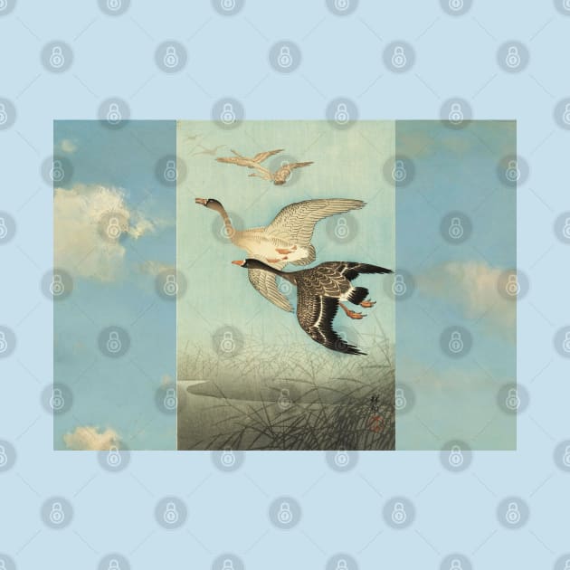 White fronted Geese in Flight Antique Japanese Paintings by BulganLumini