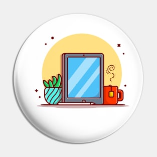 Tablet And Stylus Pencil With Tea And Cactus Cartoon Vector Icon Illustration. Pin