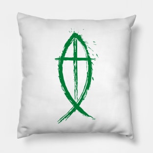 Cross And Fish Christian Design - Green Edition Pillow