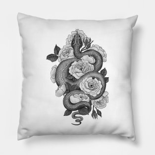 Snake and roses, monochrome Pillow