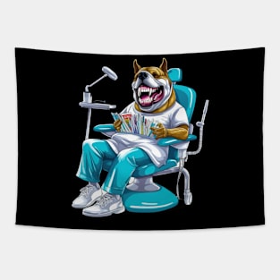 An English Bulldog sitting in front of a dentist's chair, wearing a blue surgical mask Tapestry