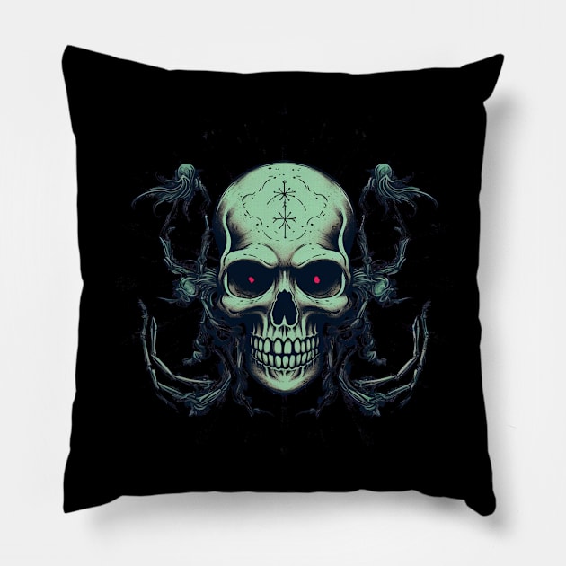 Gothic Psychedelic Rockabilly Spider Web Skull Pillow by TOKEBI