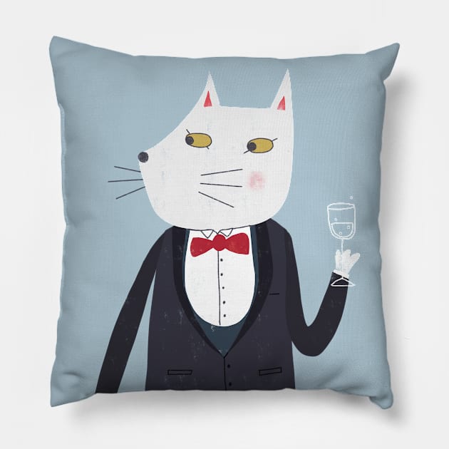 Cheers Cat with Glass of Sparkling Wine Pillow by NicSquirrell