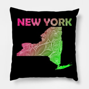 Colorful mandala art map of New York with text in pink and green Pillow