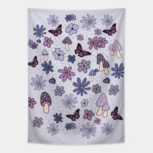 Lilac Flowers Butterflies and Mushrooms Cottagecore Aesthetic Tapestry