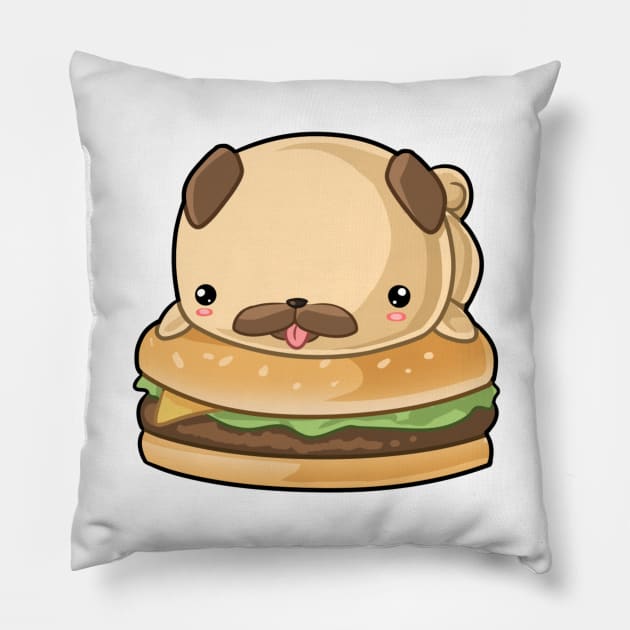 Kawaii pug dog sitting on burger Pillow by Japanese Designs