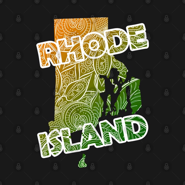 Colorful mandala art map of Rhode Island with text in green and orange by Happy Citizen